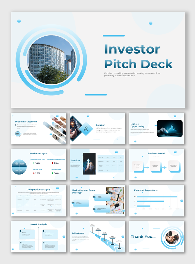 Investor pitch deck slides with a clean blue and white theme, showcasing problem statements, and financial projections.