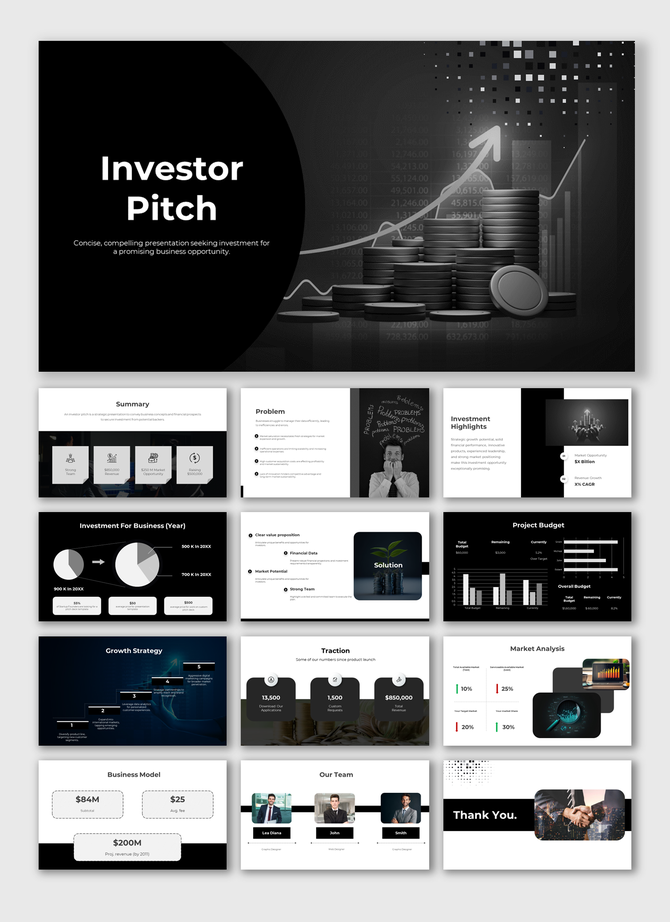 Investor pitch PowerPoint slides with a sleek black theme, featuring sections like problem statement, and market analysis.
