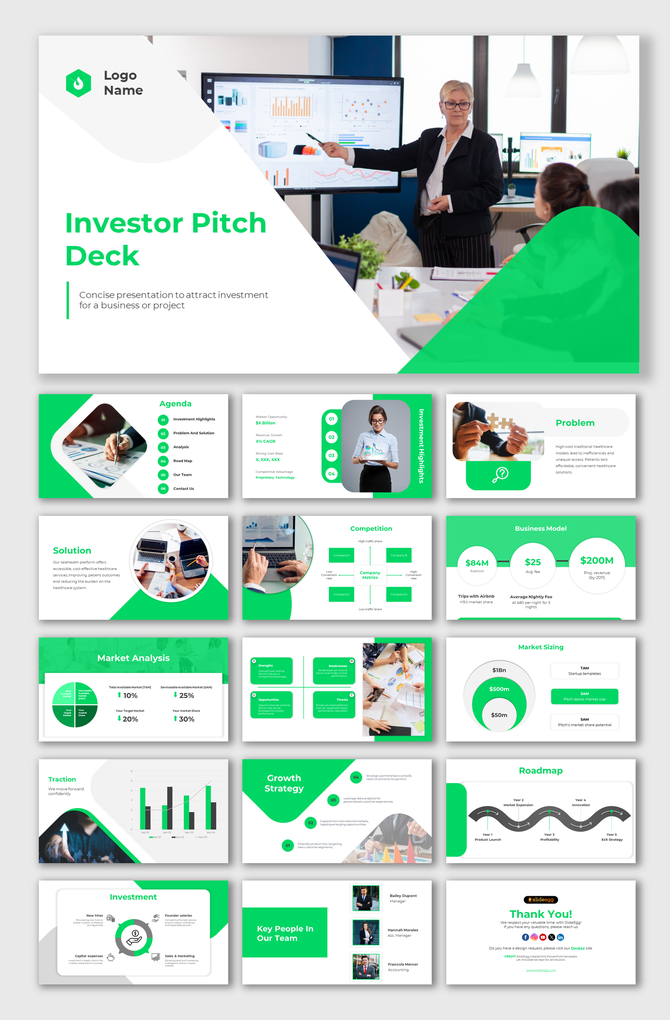 Investor pitch deck PPT with a green and white theme, including slides for agenda, problem, solution, and market analysis.