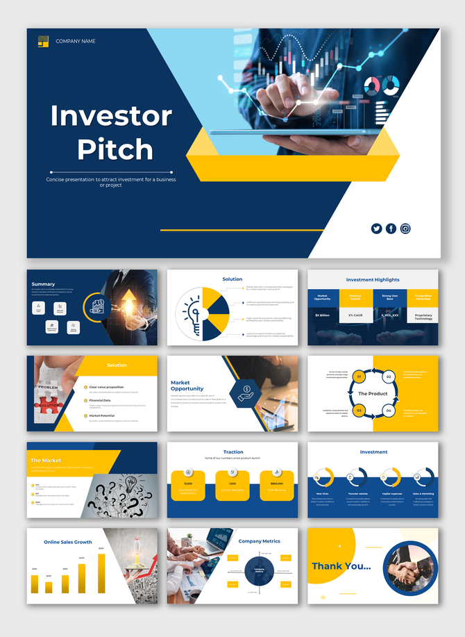 Investor pitch deck PPT featuring a modern design with slides for company overview, market analysis, and team profiles.