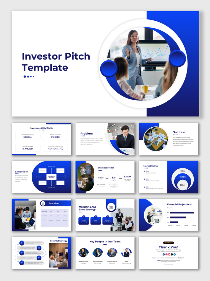 Investor pitch slide deck includes graphs, charts, team profiles, and strategies in a professional blue design layout.