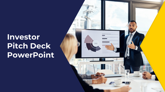 Slide showing a businessman explaining data on a screen, with a bold title in white on dark blue and yellow accents.