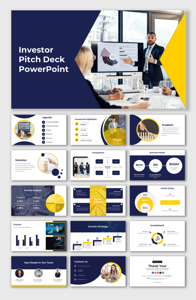 Corporate pitch deck template highlighting investment data, market sizing, and growth strategies, in navy and yellow tones.