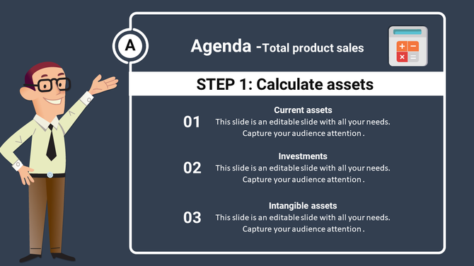 Modern agenda template with a step-by-step layout, a cheerful character illustration, and financial-related content.