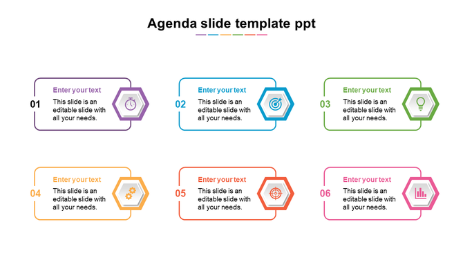 Colorful agenda slide with six hexagon shaped icons and text boxes for presentation topics.