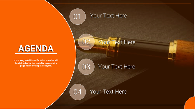 Agenda slide with an orange section on the left and four numbered text placeholders overlaying a pen image on the right.
