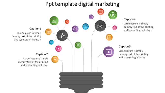 PowerPoint slide with a digital marketing theme, including colorful icons with captions.