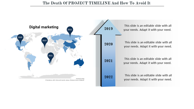 World map with blue location pins and an arrow shaped timeline listing the years 2019 to 2022 on the right.