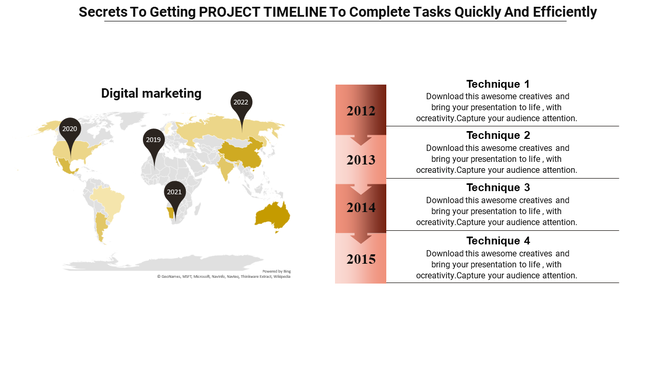World map with pins for digital marketing timeline and vertical arrows showing years 2012 to 2015 with techniques.