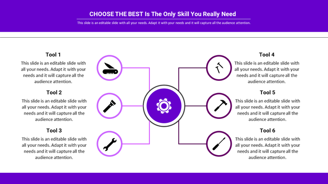 Mechanical engineering layout with a purple gear connected to icons like a knife, wrench, and hammer, with caption areas.