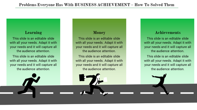 Slide with three green panels for business topics, depicting running figures on a road to symbolize progress.