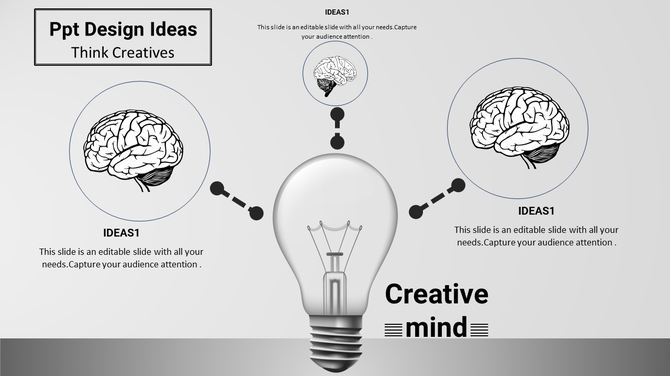Grayscale slide with a central light bulb and connected three brain illustrations, representing creative ideas.