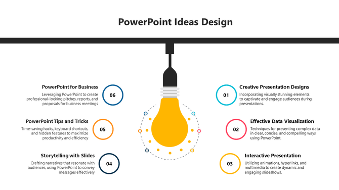 PowerPoint design ideas with a light bulb graphic and six numbered sections for presentation tips.