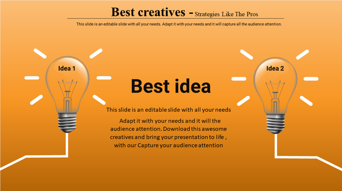 Two illuminated lightbulbs labeled with two ideas connected by lines to a central bold text on an orange background.