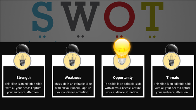 Black and white themed SWOT slide featuring light bulbs above each section, highlighting with a glowing yellow bulb.