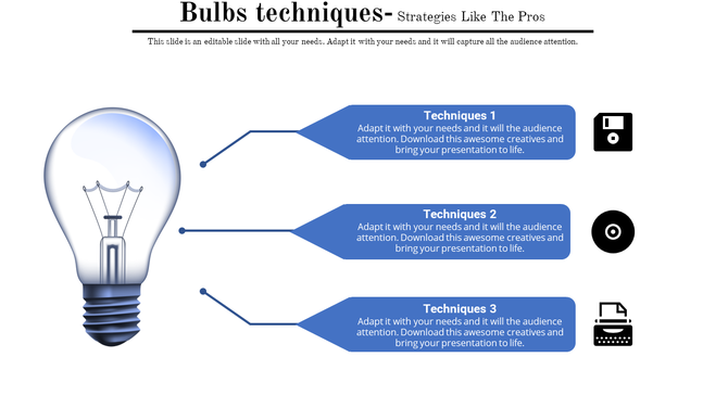 Light bulb illustration with three blue text boxes linked by lines, each featuring icons and caption areas.