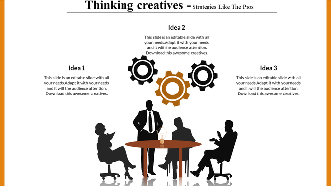 Slide with silhouettes of people at a table and three gears above, and three labeled idea sections on a white background.