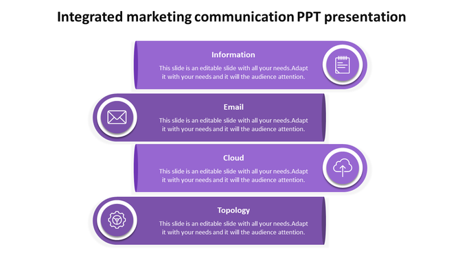 Integrated marketing communication slide featuring purple sections for information, email, cloud, and topology.