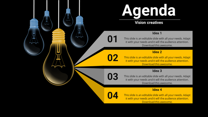 Hanging lightbulbs with a yellow highlighted bulb and four agenda blocks displayed on a dark background.