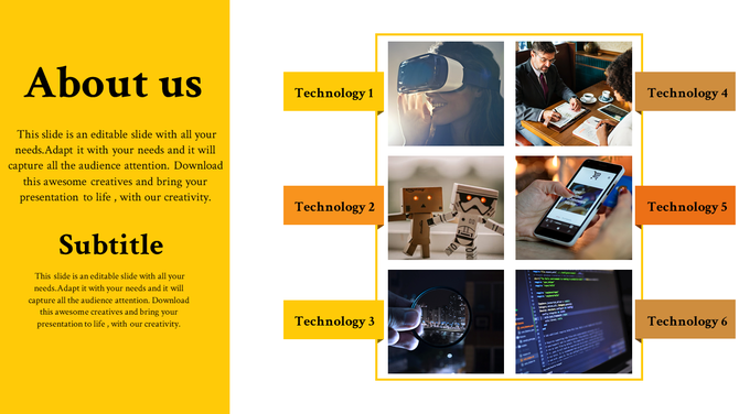 About us slide with text on the yellow side panel and six labeled technology images on the right, in a grid layout.