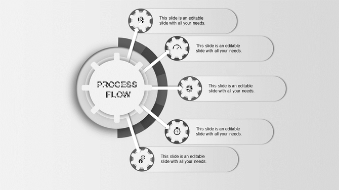 Monochrome process flow infographic featuring gray gears radiating from a central hub with linked captions.