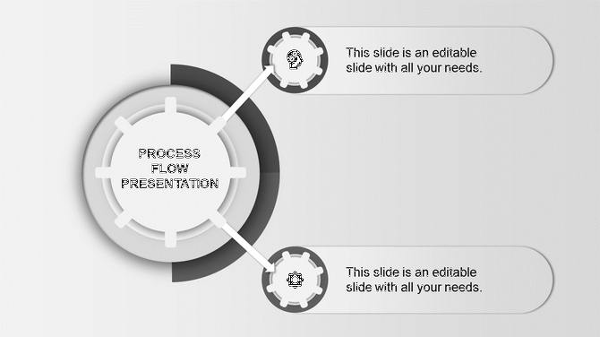 Monochrome process flow with two gray gears branching out to caption boxes on a minimalist background.