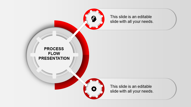 Circular process diagram with two connected red gear icons and placeholder captions on the right.