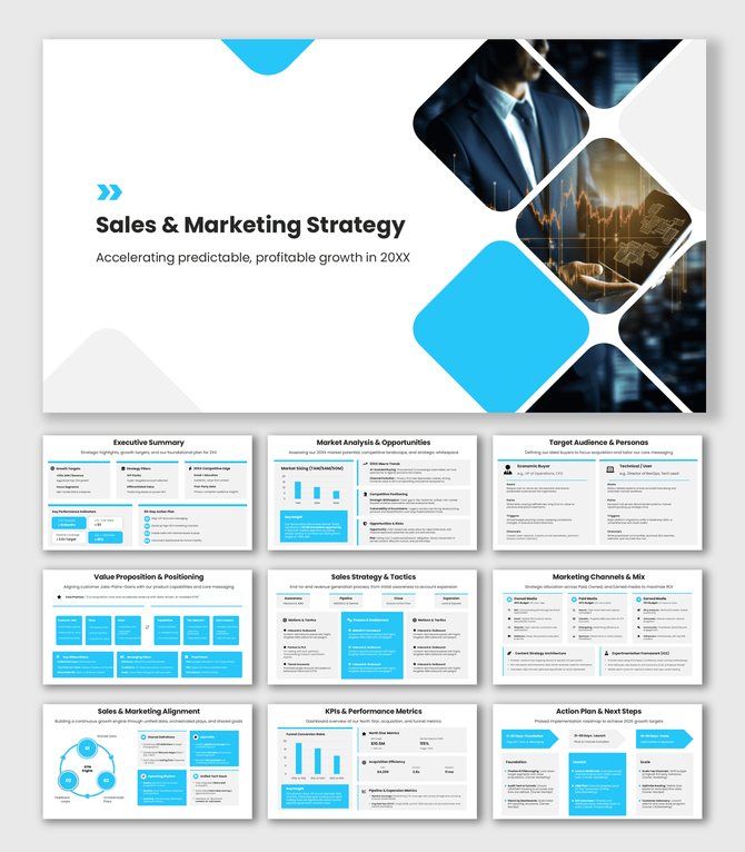 Sales and marketing strategy slide with four color coded labeled sections with placeholder text surrounding a central icon.