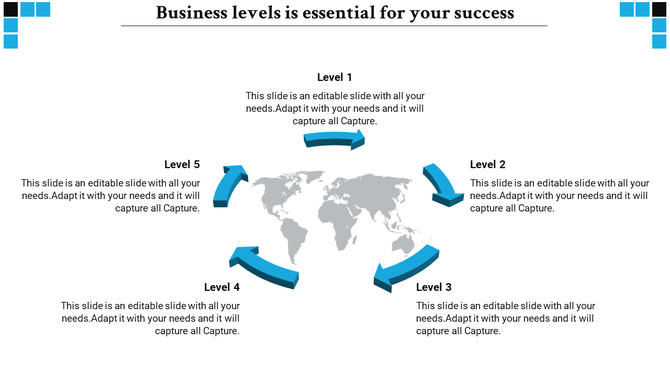 Business slide with blue arrows connecting five levels, in a circular format around a world map background.