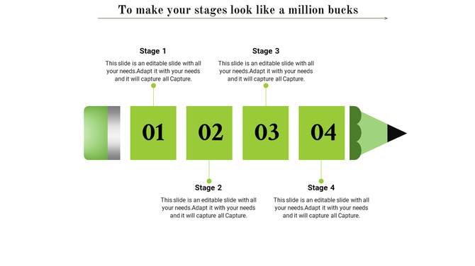 Slide featuring a green pencil, with four stages labeled 01 to 04 in boxes and descriptive text above and below.