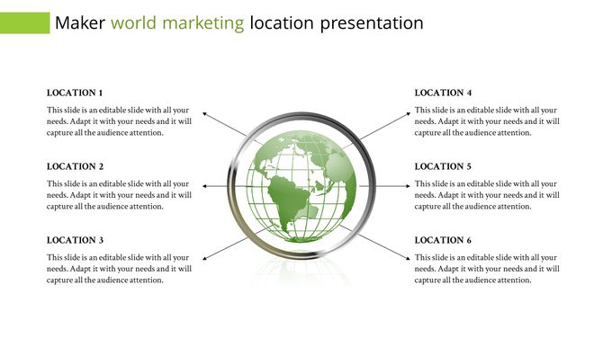 Visual of a green world globe with arrows leading to six labeled locations for marketing presentation.