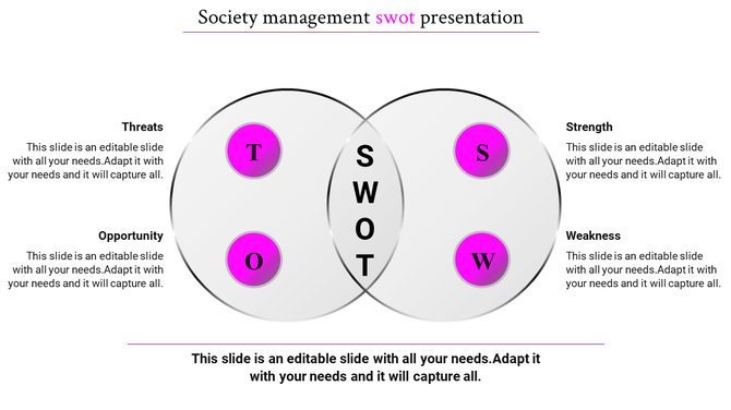 SWOT diagram with two overlapping circles, highlighting labeled sections with pink markers.