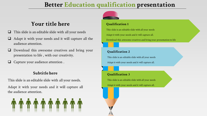 Education qualification PowerPoint slide with three sections for qualifications, illustrated with a pencil and people icons.
