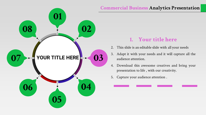 Commercial business themed circle diagram with eight steps in green circles surrounding a center placeholder text areas.