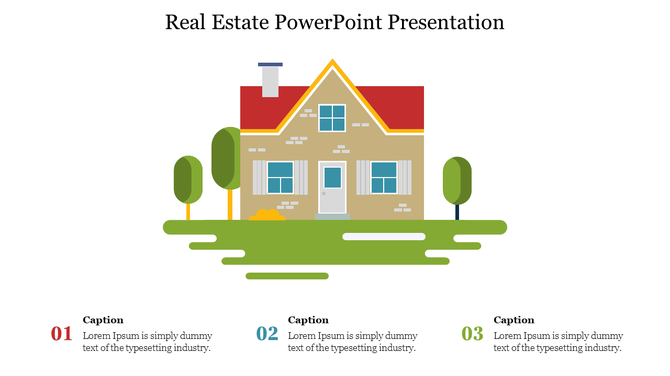 Real estate slide featuring a cartoon-style house with a red roof, three green trees, and numbered captions areas below.