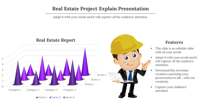 3D cone chart in purple tones for real estate data, with a cartoon character in a yellow hard hat holding a tablet.