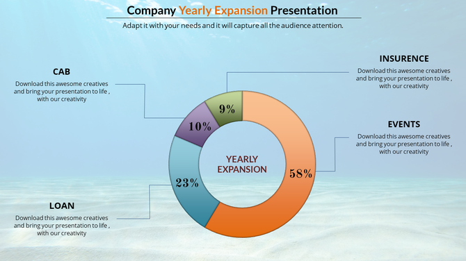 Annual colorful pie chart slide showing a breakdown of a company’s yearly expansion by categories on a blue theme.