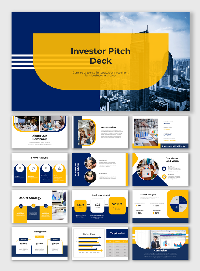 Investor pitch deck template with 12 slides, featuring a modern design in yellow, blue, and white, including SWOT analysis.