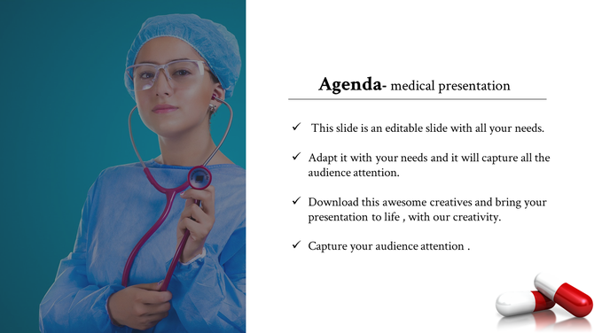Medical slide with a female doctor in blue scrubs holding a stethoscope and agenda points on the right with pill icons.