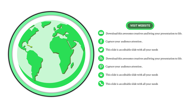 Circular green Earth graphic with email, social media icons, and placeholder text on the right, alongside with Africa map.