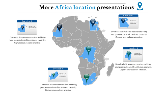 Gray Africa map featuring four blue pins indicating key locations, each with a corresponding text box.