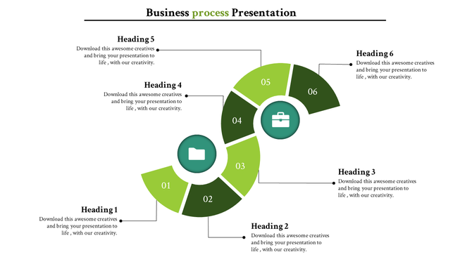 Business process PowerPoint template with six headings and icons for folder, briefcase, and other business related symbols.