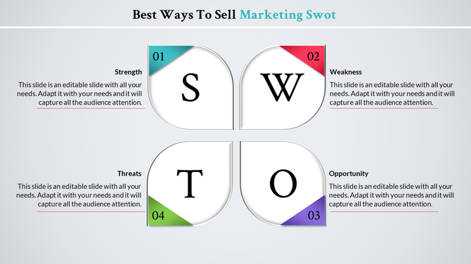 SWOT analysis slide with sections in distinct colors: teal, red, purple, and green, representing key attributes.