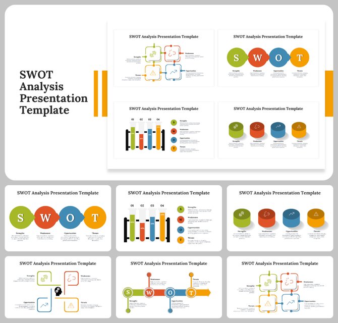 SWOT analysis slide deck featuring colorful circular, rectangular, and infographic designs, to visualize business strategies.