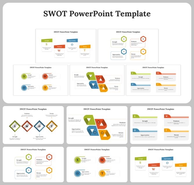 Collection of SWOT templates with different layouts, including boxes, hexagons, and arrow shapes in vibrant colors.