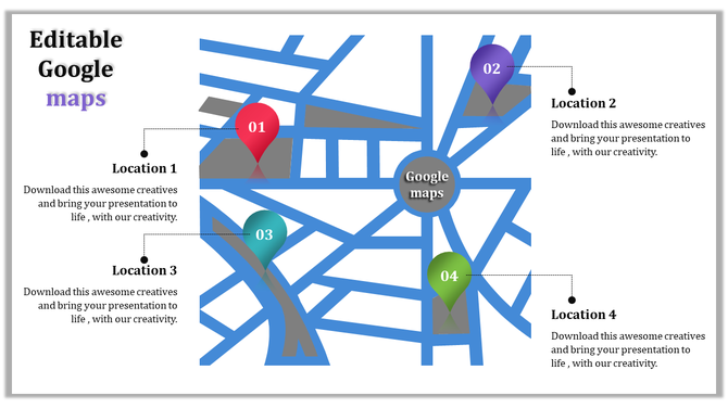 Map design with a blue road layout, featuring red, purple, teal, and green location markers, and descriptive labels.