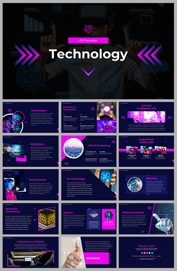 Technology-themed cover slide deck featuring a person wearing a VR headset with digital data visuals in the background.