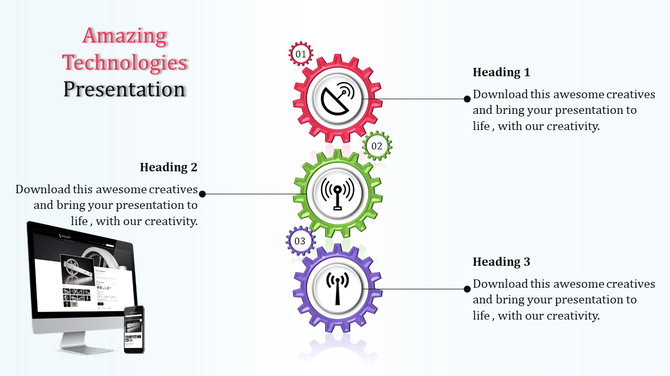 PowerPoint slide for a technology presentation, featuring gears with icons for communication technology.