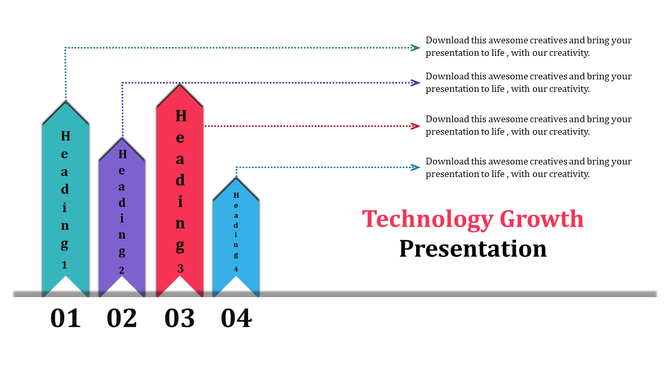 Bar graph style infographic with four colorful vertical arrows labeled 01 to 04, connected to text on the right.