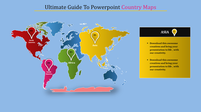PowerPoint slide showing a world map with regions labeled Asia, North America, Africa, and South America on a blue theme.
